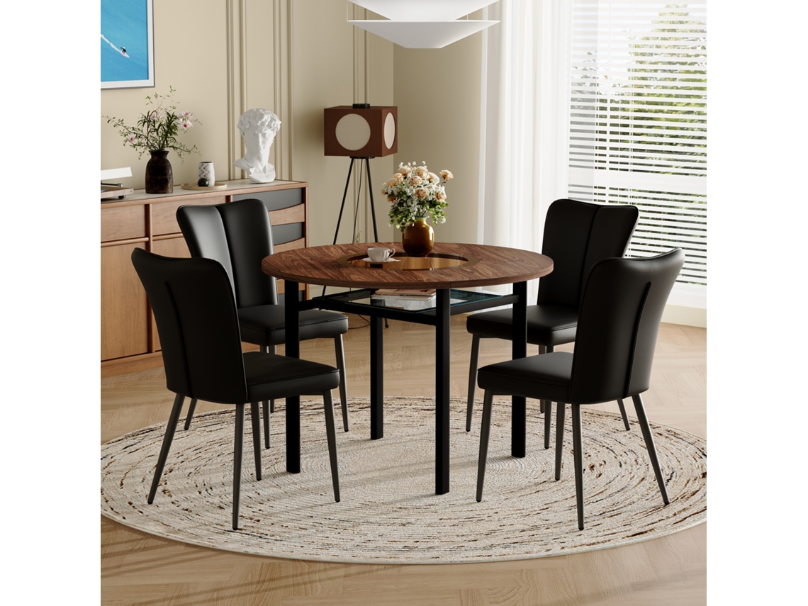 Conjunto De Mesa Redonda De Madera (100 Cm) Con 4 Sillas De Poliuretano Negro.