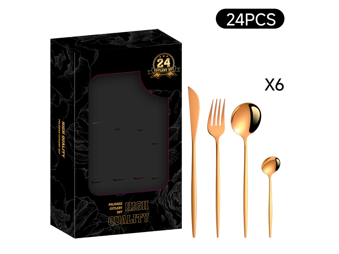 Juego de cubiertos occidentales de 24 piezas, acero inoxidable color oro rosa, en una caja con una pequeña ventana visible.