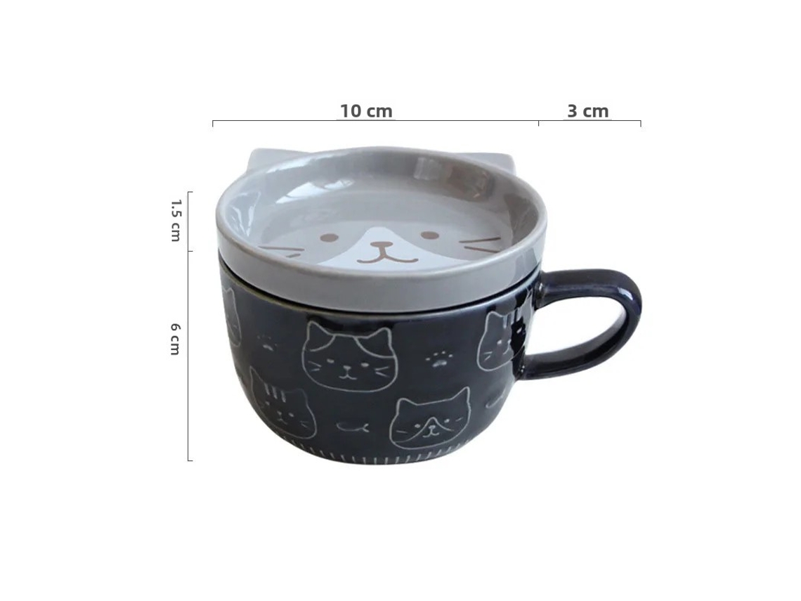 Taza de café con un creativo diseño de gato japonés y tapa de cerámica ecológica. Mdug (gris)