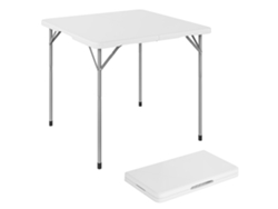 Mesa plegable cuadrada para camping, de metal y HDPE, 86x86x74cm, blanca.