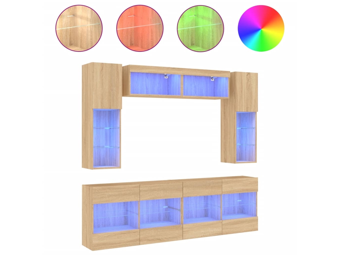 Juego de 6 muebles de TV de pared con luces LED, roble, Sonoma MAISON EXCLUSIVE (95 x 95 x 45 cm)