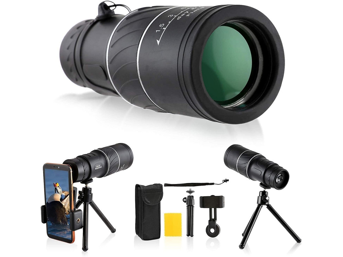 Telescopio monocular HD Bak4 de 16x52 con trípode y adaptador para smartphone, observación de animales día/noche, color negro. Bestvite