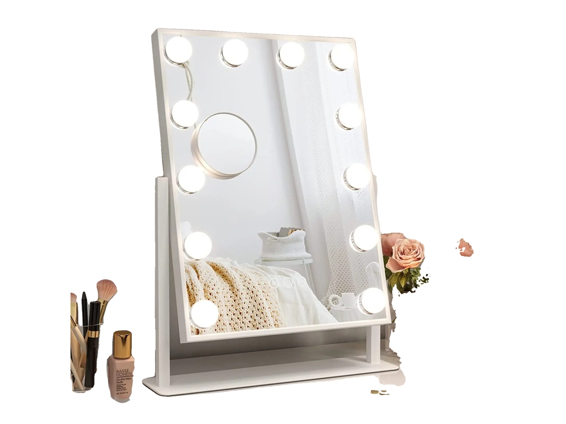 Espejo de maquillaje, 30 x 41 cm, 12 luces LED, 3 modos de iluminación, rotación de 360°, brillo ajustable.