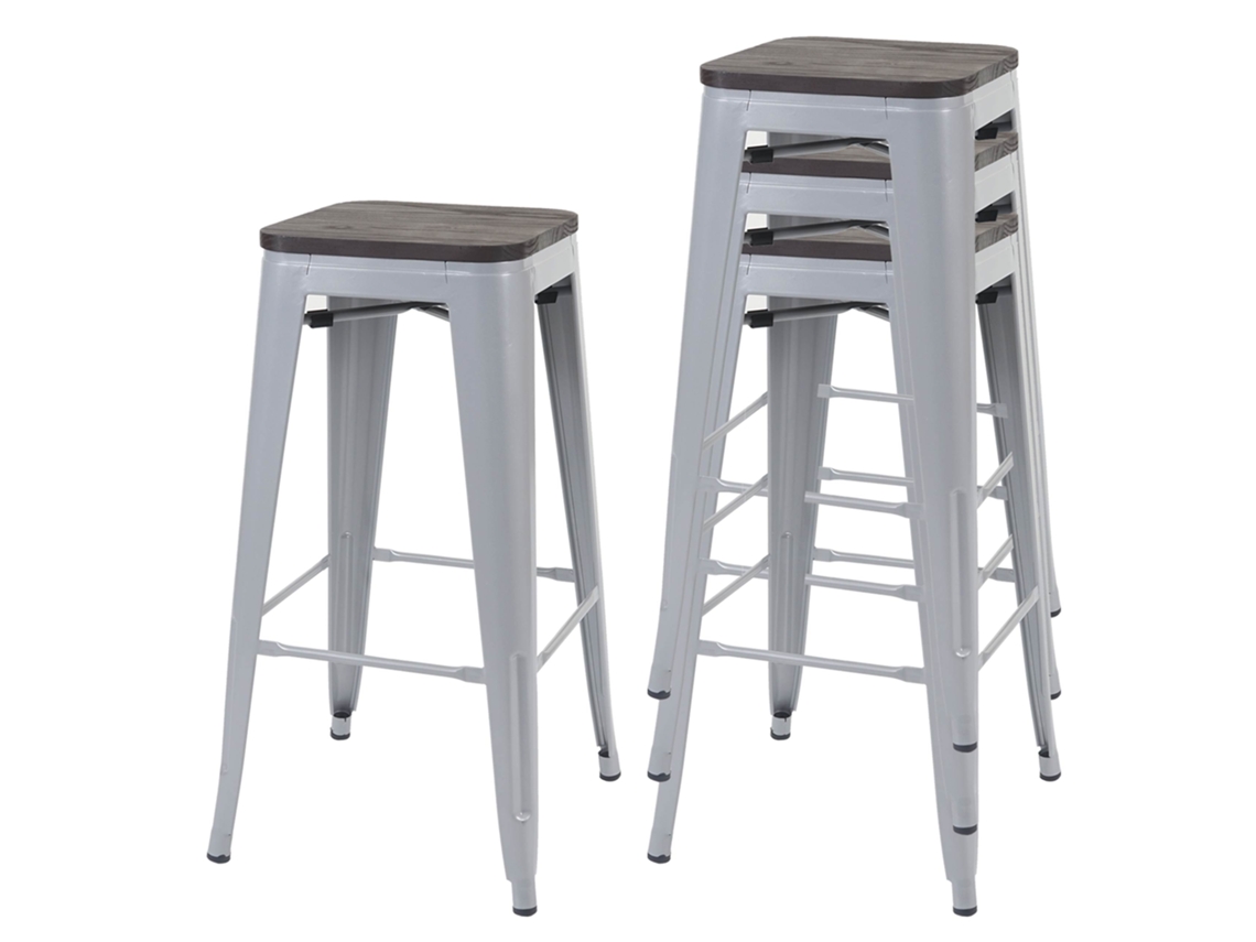 Juego de 4 taburetes de bar con asientos de madera y estructura metálica gris, diseño industrial, apilables 04_0007578