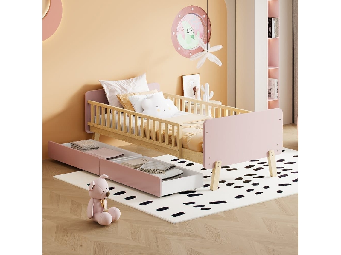 Cama Infantil 90x190cm Con 2 Cajones - Cama Individual De Madera Maciza Con Somier - Rosa