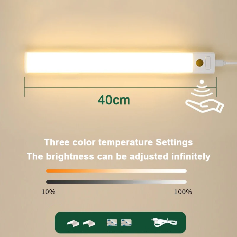 Luz LED para gabinete (40 cm) con sensor de movimiento PIR, sensor de mano y entrada USB.