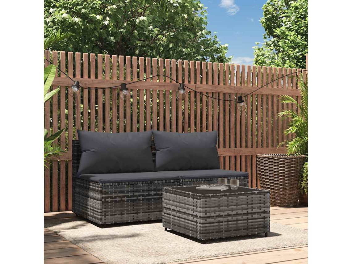 Conjunto de jardín de 3 piezas con cojines, ratán gris, DKD Home Decor