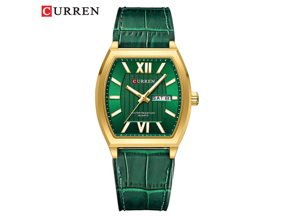 (correa Verde, Caja Dorada, Esfera Verde) Elegante Reloj De Cuarzo Para Hombre, Resistente Al Agua, Con Calendario.