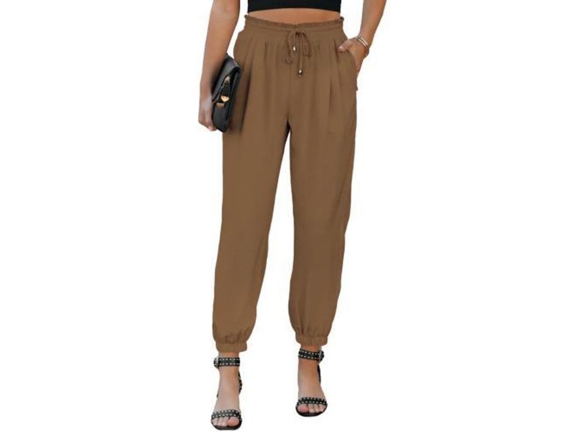 2026-pantalones Lino Mujer Casual Sueltos Con Cintura Elástica Y Bolsillos De Alta Cadera Cómodos Xxl Marrón