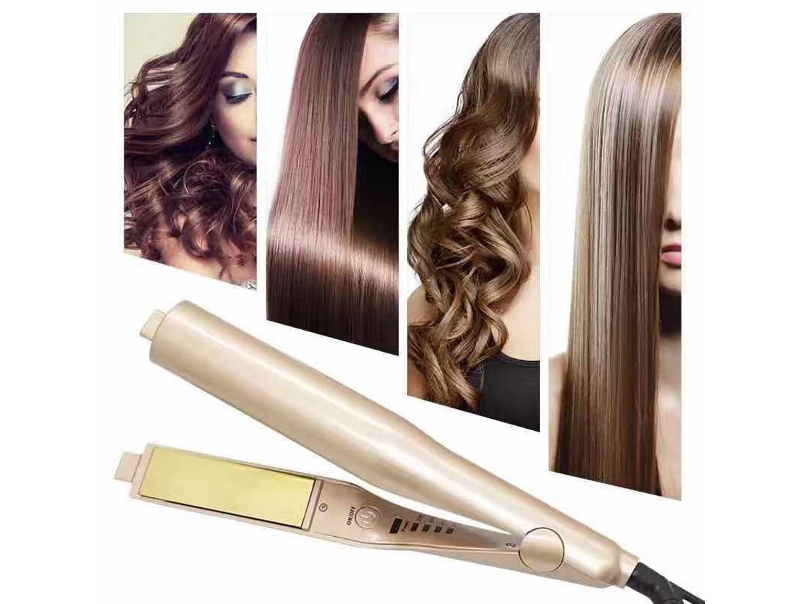 Plancha y rizador de pelo 2 en 1 con placas de cerámica y temperatura ajustable.