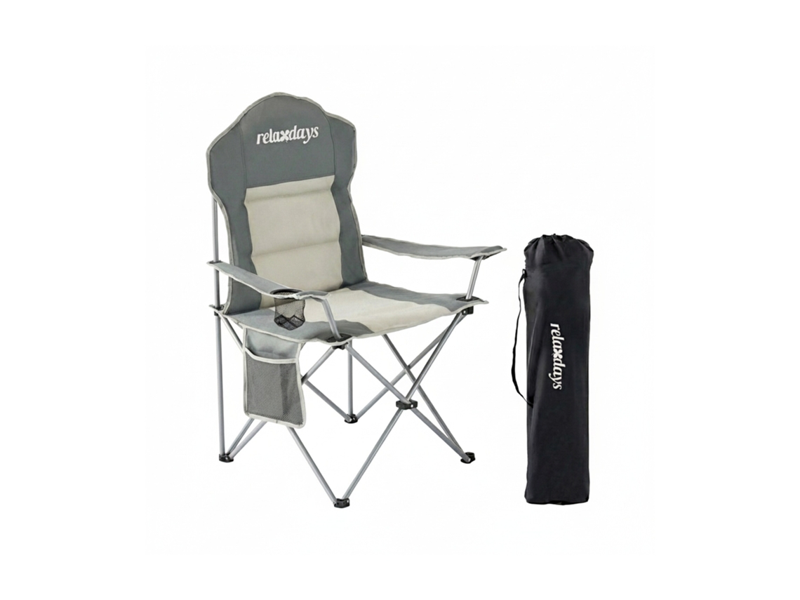 Cadeira De Campismo Relaxdays Dobrável, Bolsa Transporte, Suporte Bebidas, 160 Kg, Estofada, Poliéster, Aço, Cinzenta