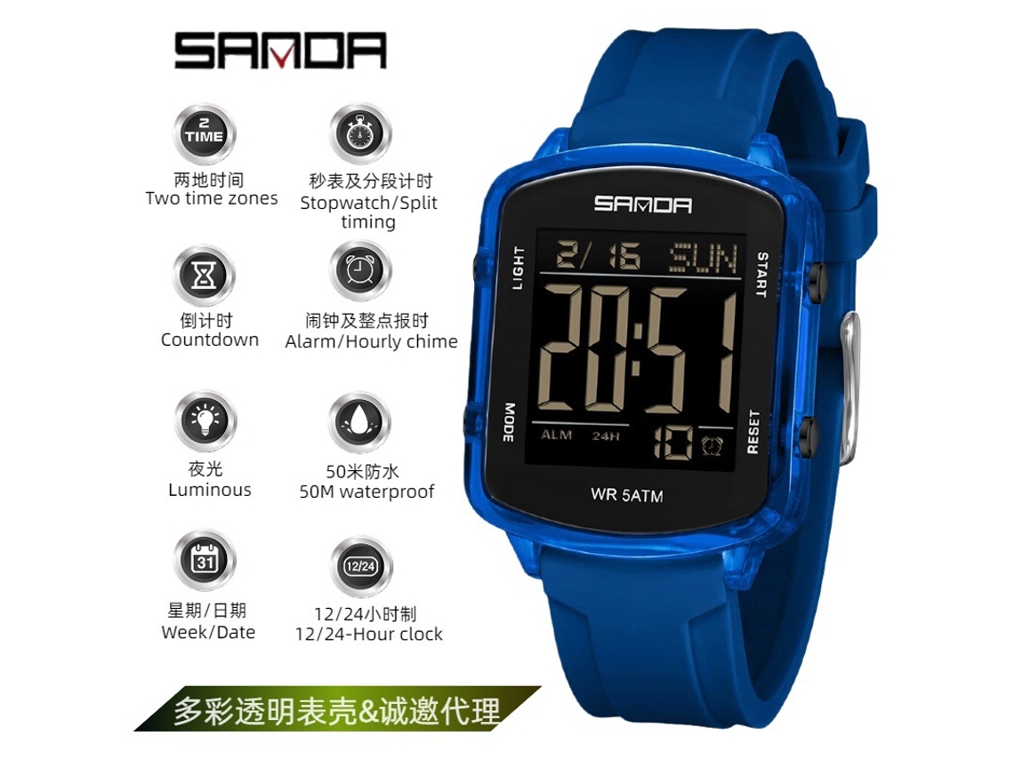 Reloj Electrónico Multifuncional Cuadrado Transparente Con Cuenta Regresiva Y Alarma Luminosa (azul)