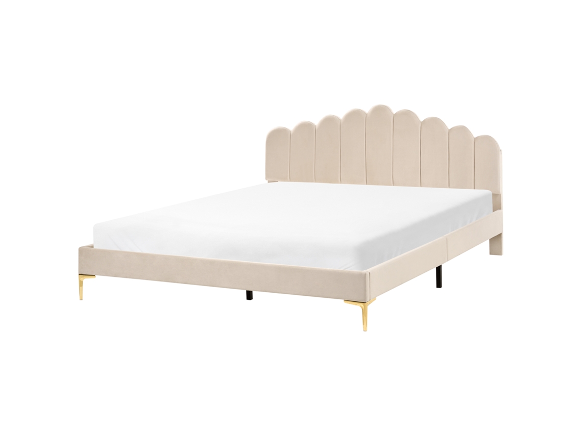 Cama De Casal Beliani Sauvian De Veludo Creme 180x200