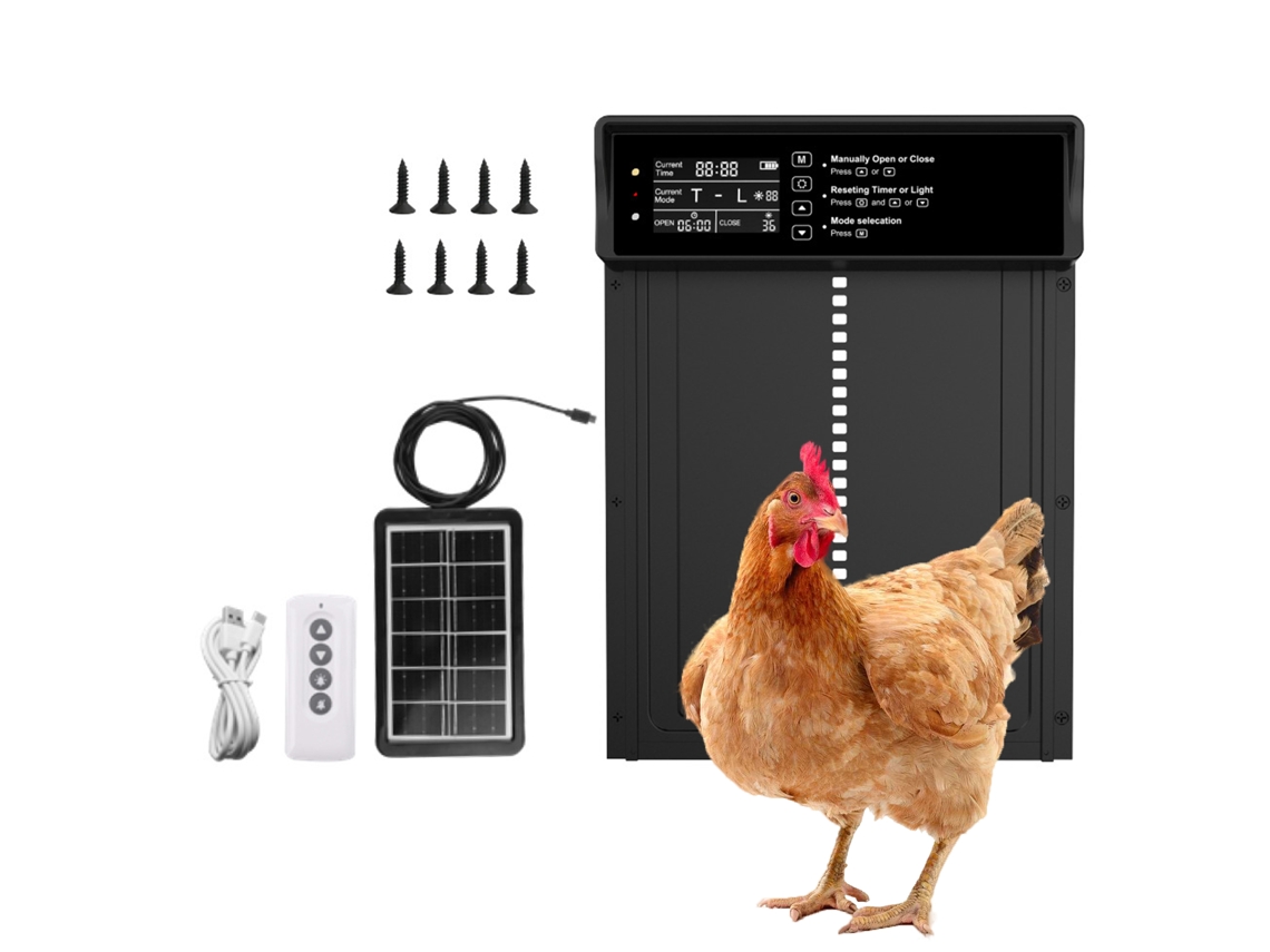 Puerta solar automática para gallinas con temporizador y sensor antipinzamiento