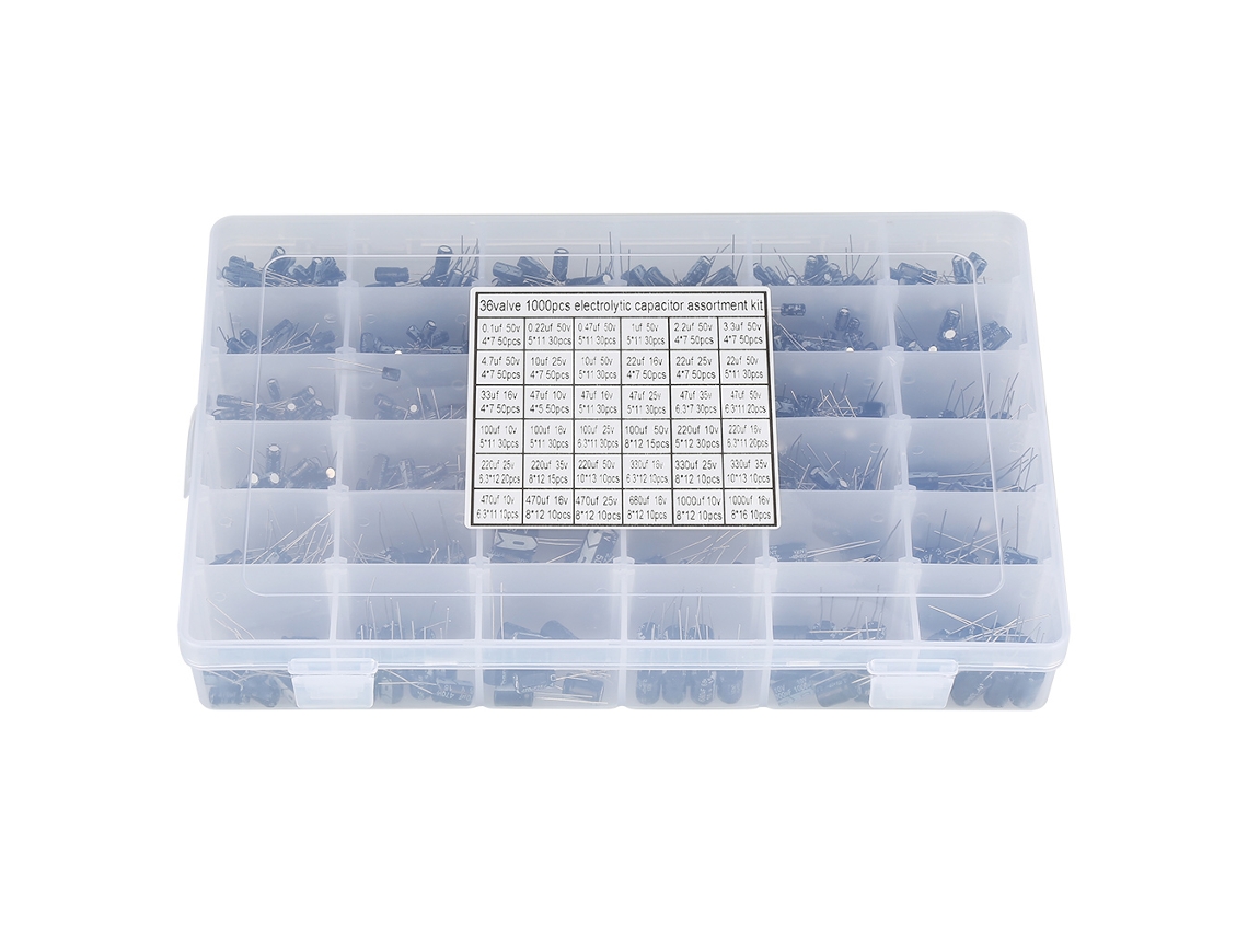Kit De Condensadores Electrolíticos Radiales 1000pcs 36 Valores 0.1uf-1000uf 10v-50v Componentes Electrónicos