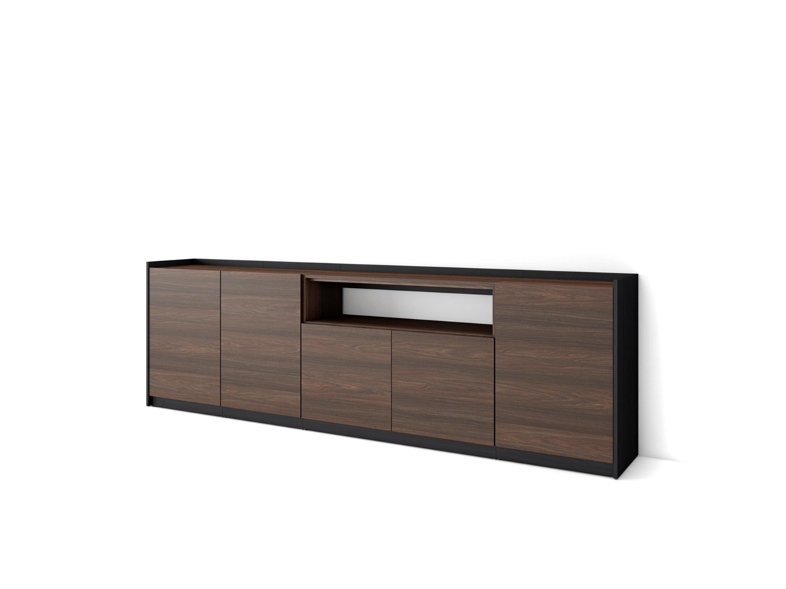 Aparador de comedor, 260x37x80cm, 5 puertas, armario de almacenamiento, roble oscuro y negro.