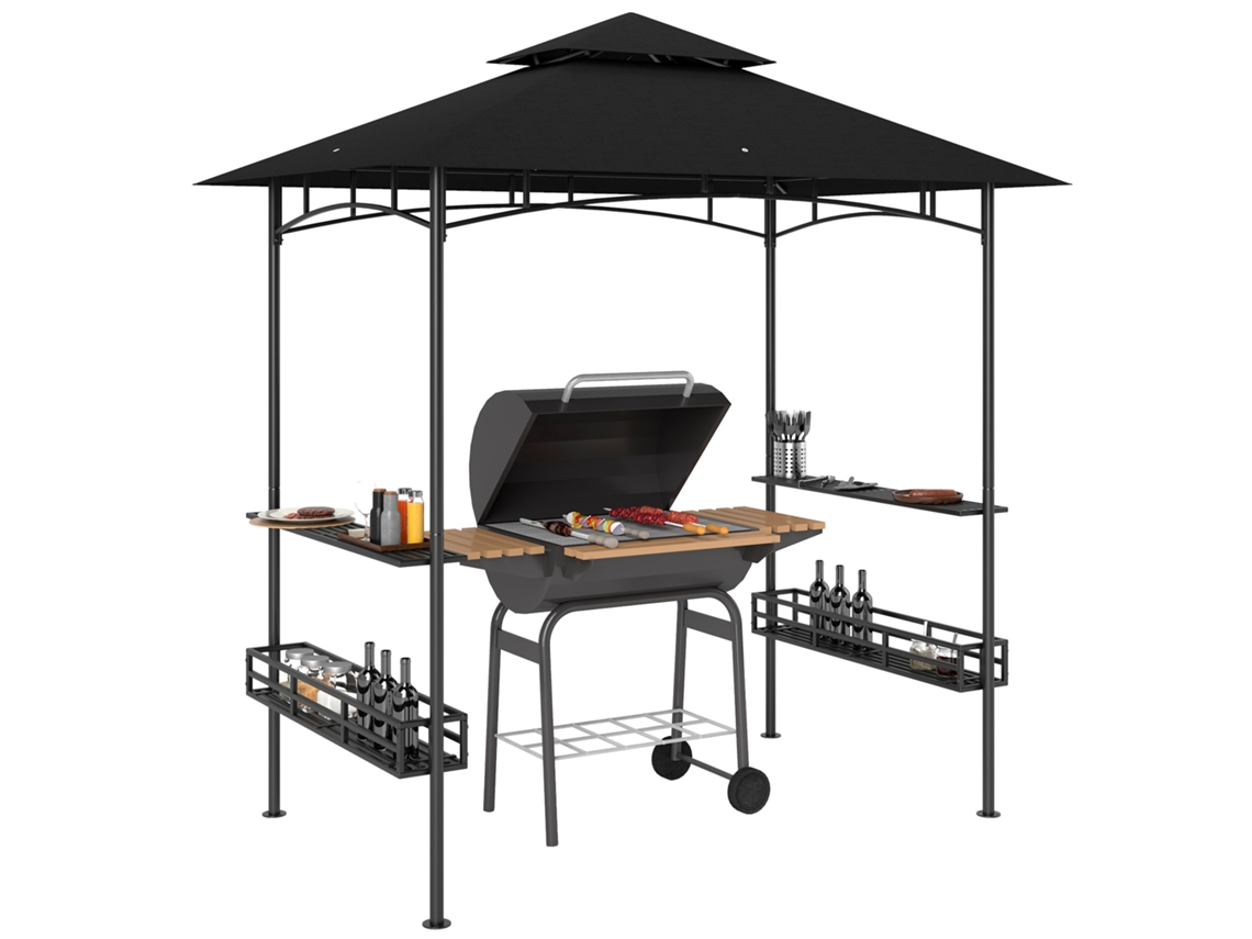 Cenador para barbacoa gris oscuro de 240 x 150 x 257 cm con ganchos, estantes y cestas.