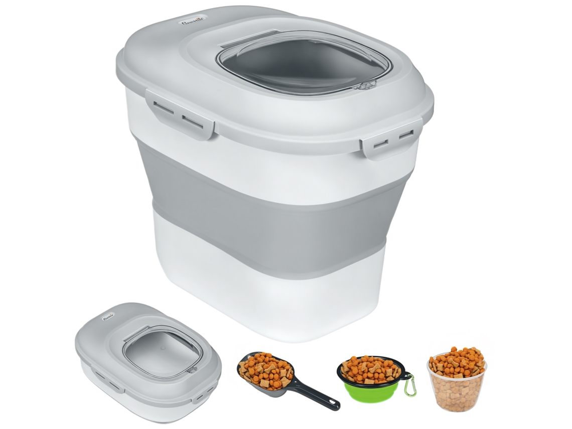 Recipiente Dobrável para Alimentos Secos, Capacidade Até 25 Kg, com Acessórios, 44 X 32 X 37 Cm, Cinza. VELTUS TRADE