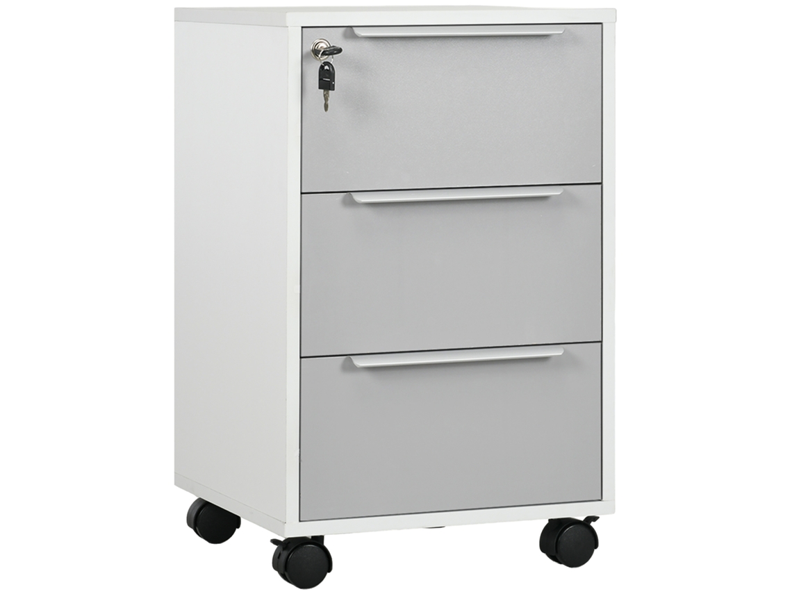 Archivador de oficina con ruedas, 3 cajones y cerradura para archivos, 40 x 40 x 63,5 cm, blanco y gris.