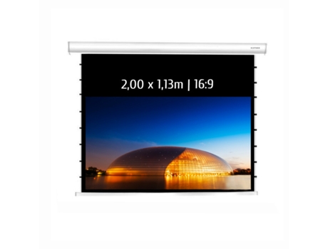 Pantalla de proyección motorizada tensionada 2,00 x 1,13 m, formato 16:9, Wi-Fi, carcasa blanca
