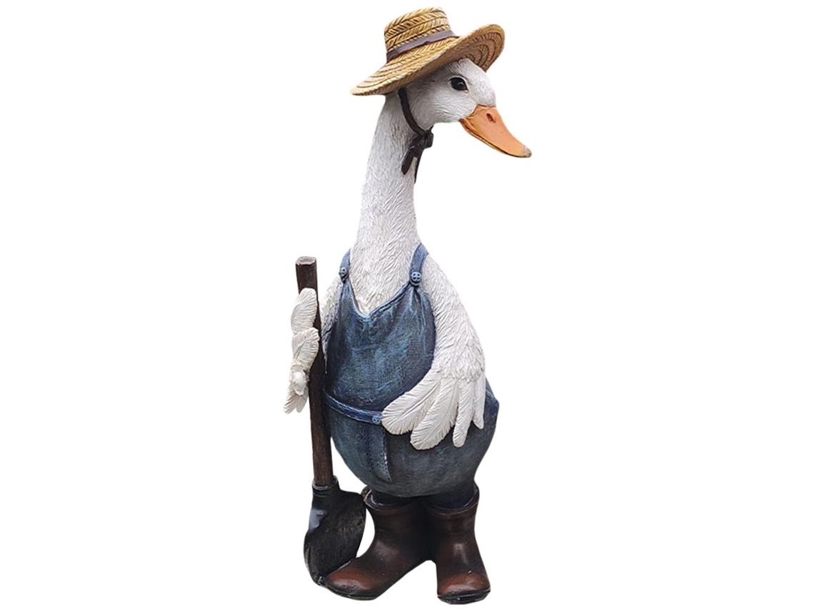 Simulación de estatua de pato y letrero de bienvenida