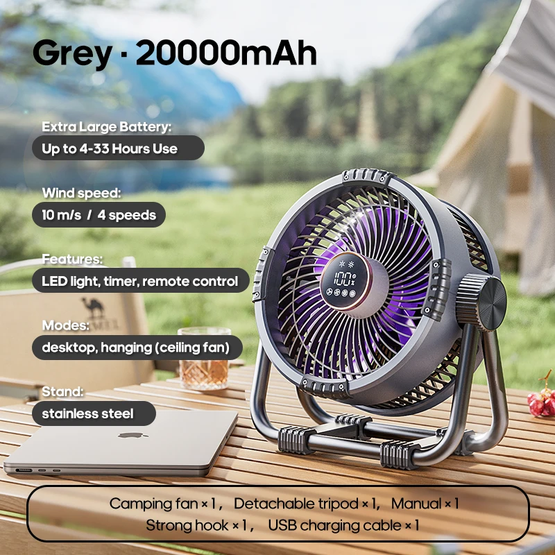 Ventilador Portátil 6 En 1 Para Exteriores (gris) Con Cuatro Velocidades De Viento, Luz Led Y Batería Externa.