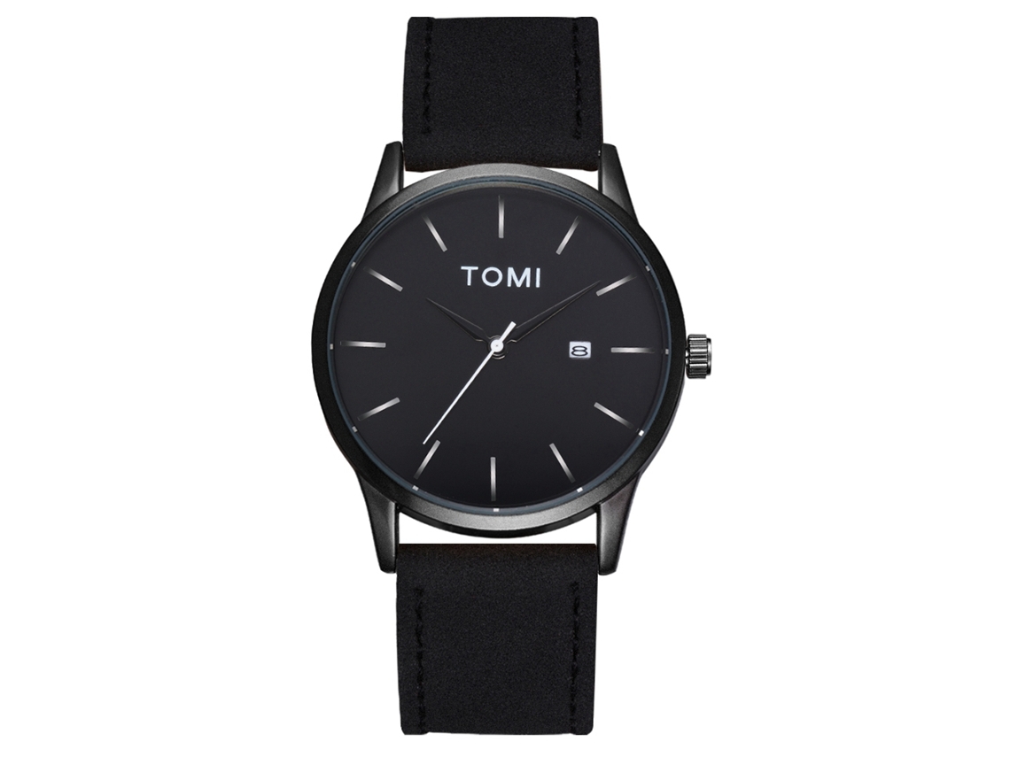 Reloj Empresarial Moda Tomi Dial Redondo Correa Pu Cuarzo Para Hombres Negro