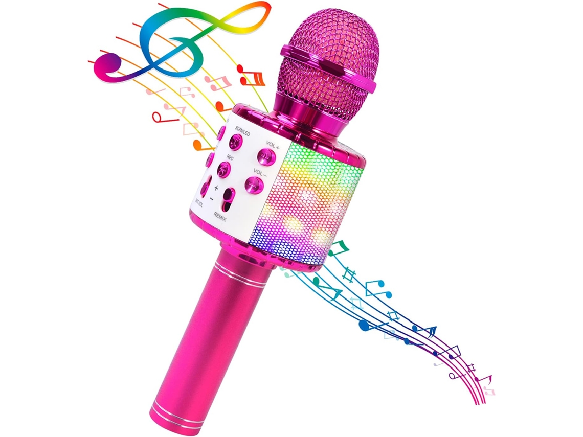 Karaoke portátil con micrófono inalámbrico Bluetooth y luces de colores, modelo 858l morado rojizo para niños. Sfushos