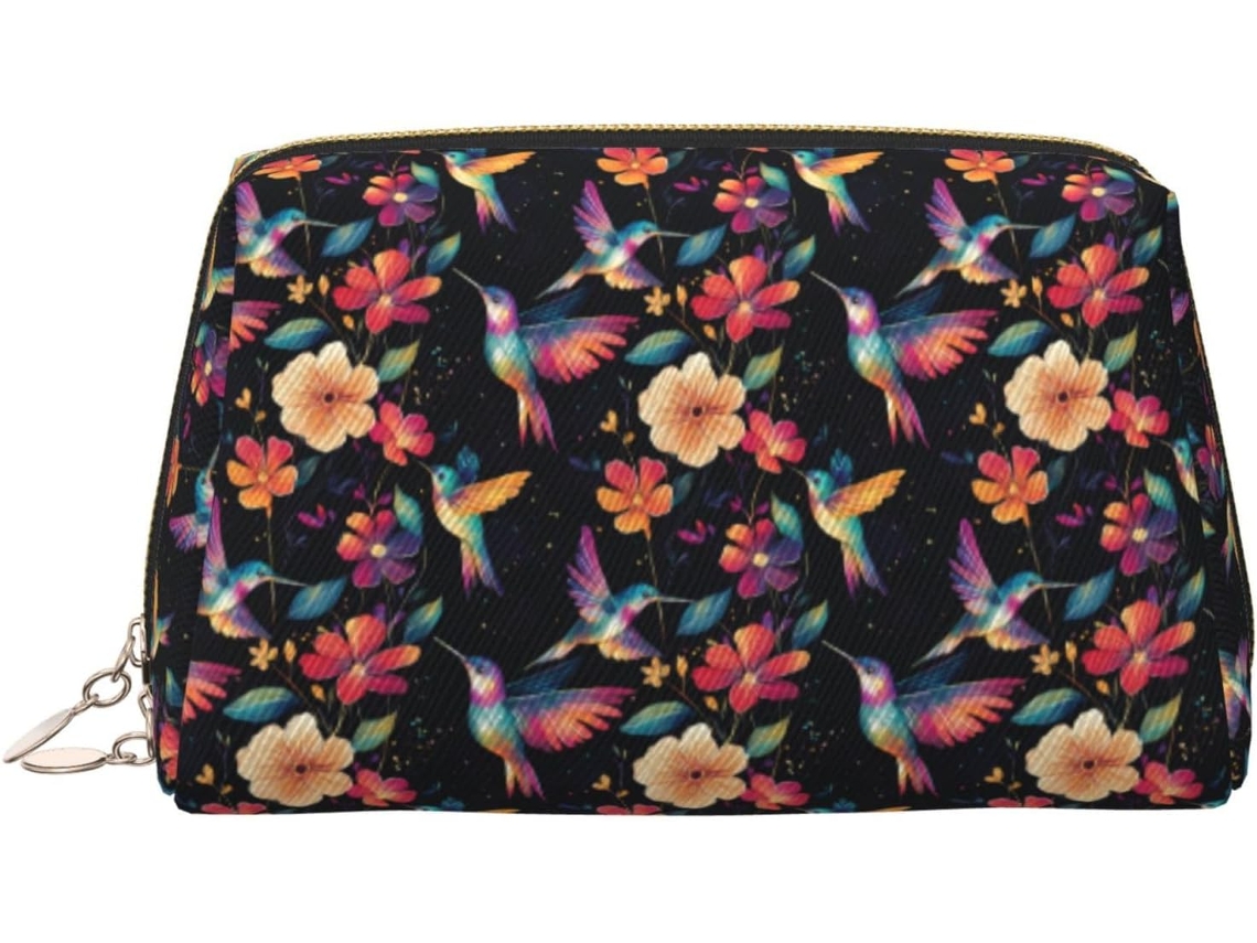 Neceser de maquillaje con estampado de colibríes y colores vibrantes.