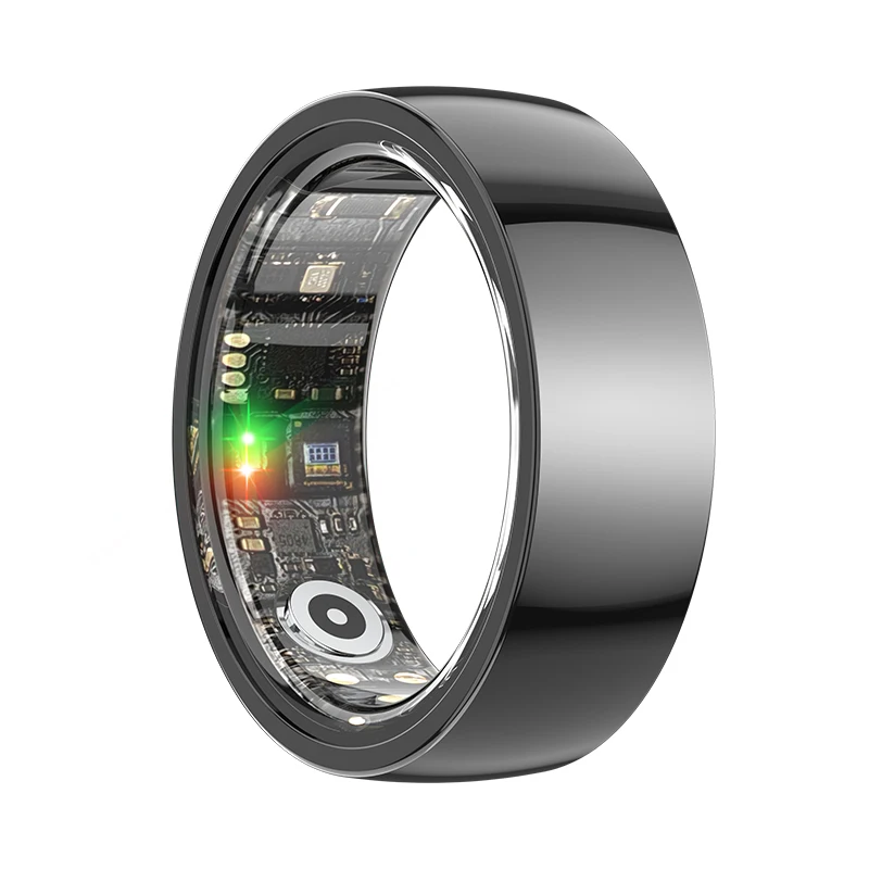 (Talla 13, Negro) Anillo inteligente de acero inoxidable, resistente al agua, con monitorización de frecuencia cardíaca, presión arterial y oxígeno.