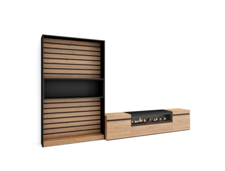 Muebles de Salón para TV SKRAUT HOME Para TV hasta 80", Chimenea eléctrica, Roble y Negro (310x186x35 cm)
