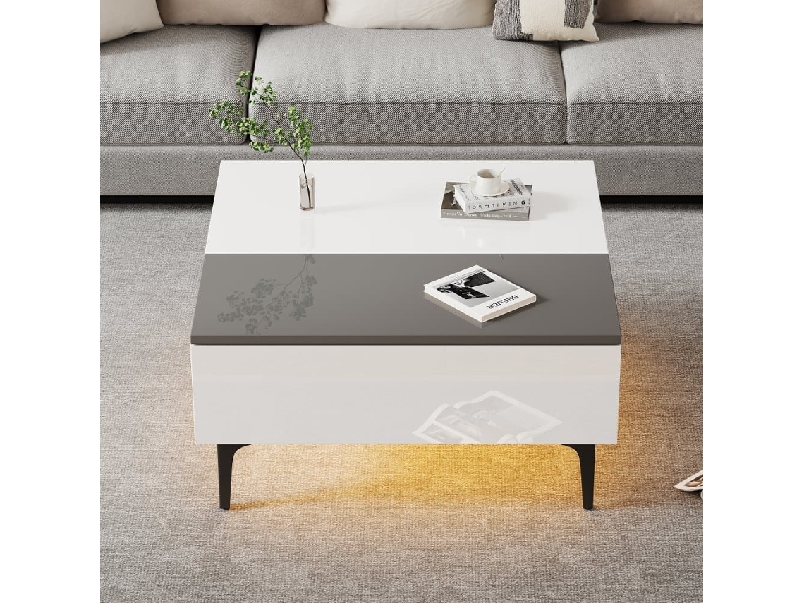 Mesa De Café Elevable 707035cm - Mesa De Salón Con Almacenamiento Oculto Y Estantes, Escritorio Con Led, Mesa Con Cajones - Blanco