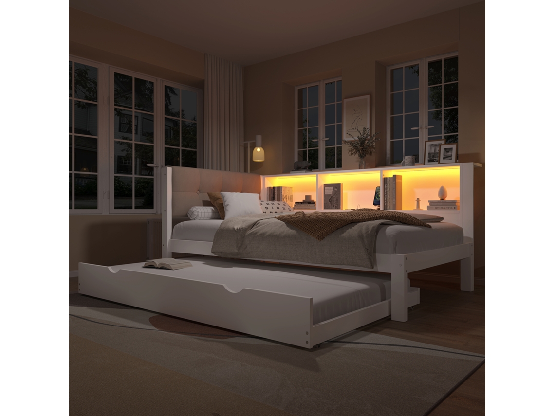 Sofá Cama De 90x200 Cm, Cama Auxiliar Con Iluminación Led Ajustable, Madera De Pino.