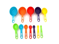 Juego de tazas y cucharas medidoras de plástico de alta calidad para uso alimentario, duraderas, con código de colores, encajables para un fácil almacenamiento.