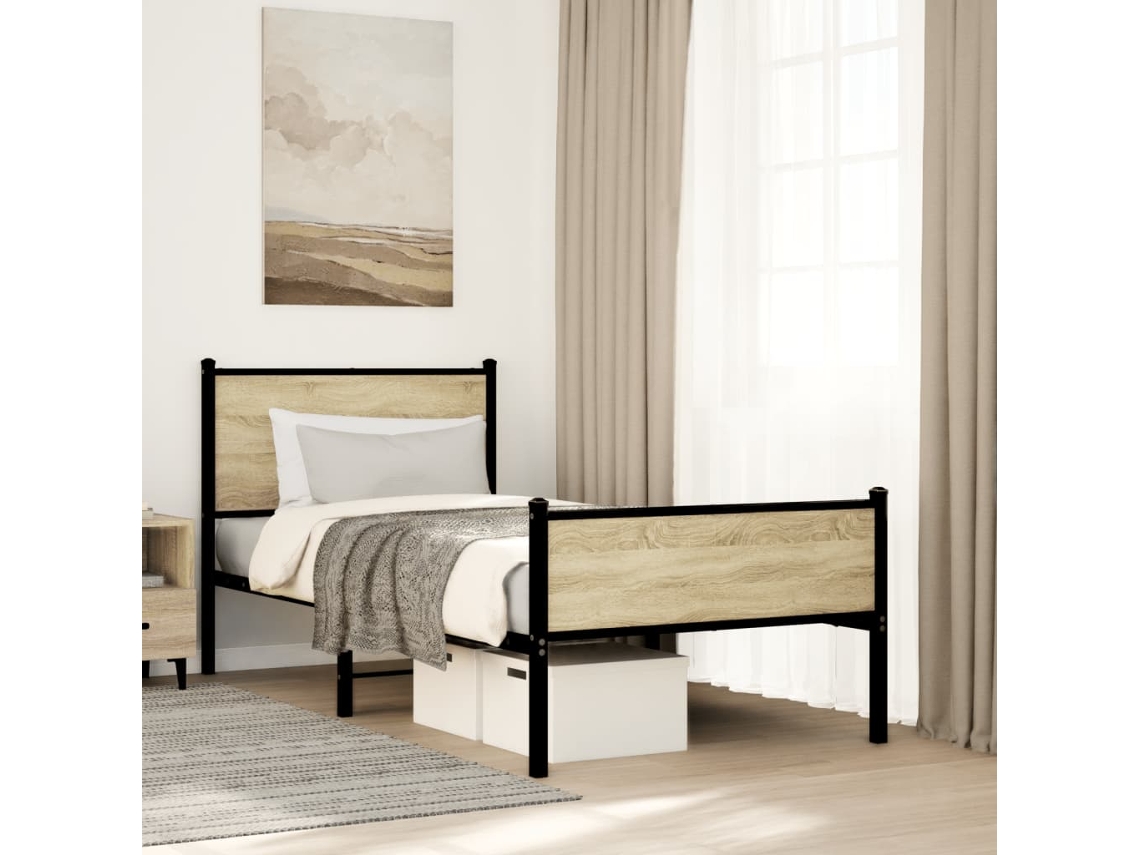Estructura De Cama Sin Colchón Metal Roble Sonoma 90x190 Cm