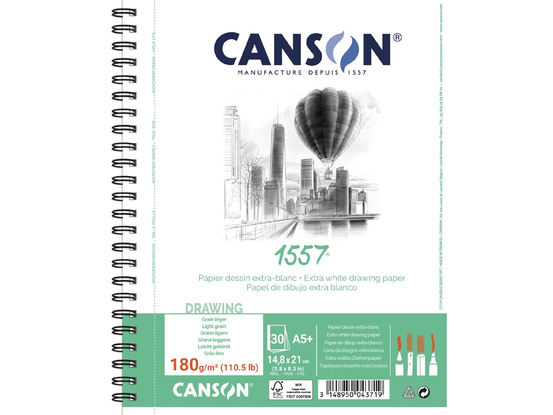 Bloc de Papel de Dibujo CANSON 1557 Din A5+ 180 G/M² 30 Hojas
