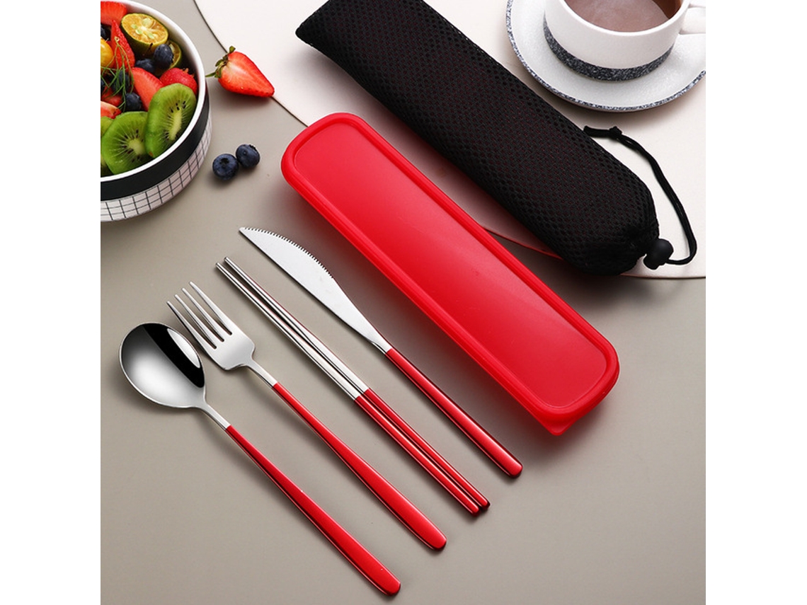 Juego de cubiertos portátil de acero inoxidable 304, incluye cuchillo, tenedor, cuchara y caja de almacenamiento. Mdug (rojo y plateado).