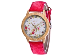 Reloj De Pulsera Informal De Mezclilla Con Estampado Floral Para Mujer Y Correa De Cuarzo Roja.