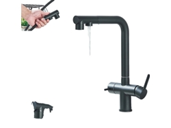 Grifo de cocina con agua filtrada, doble manija, rotación de 360°, rociador extraíble, negro mate OEM