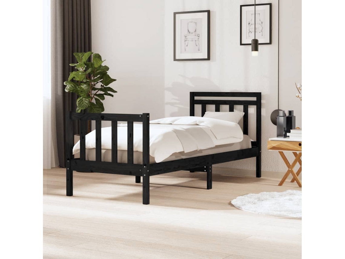 Estructura Cama Madera Maciza Individual Negro 75x190 Cm