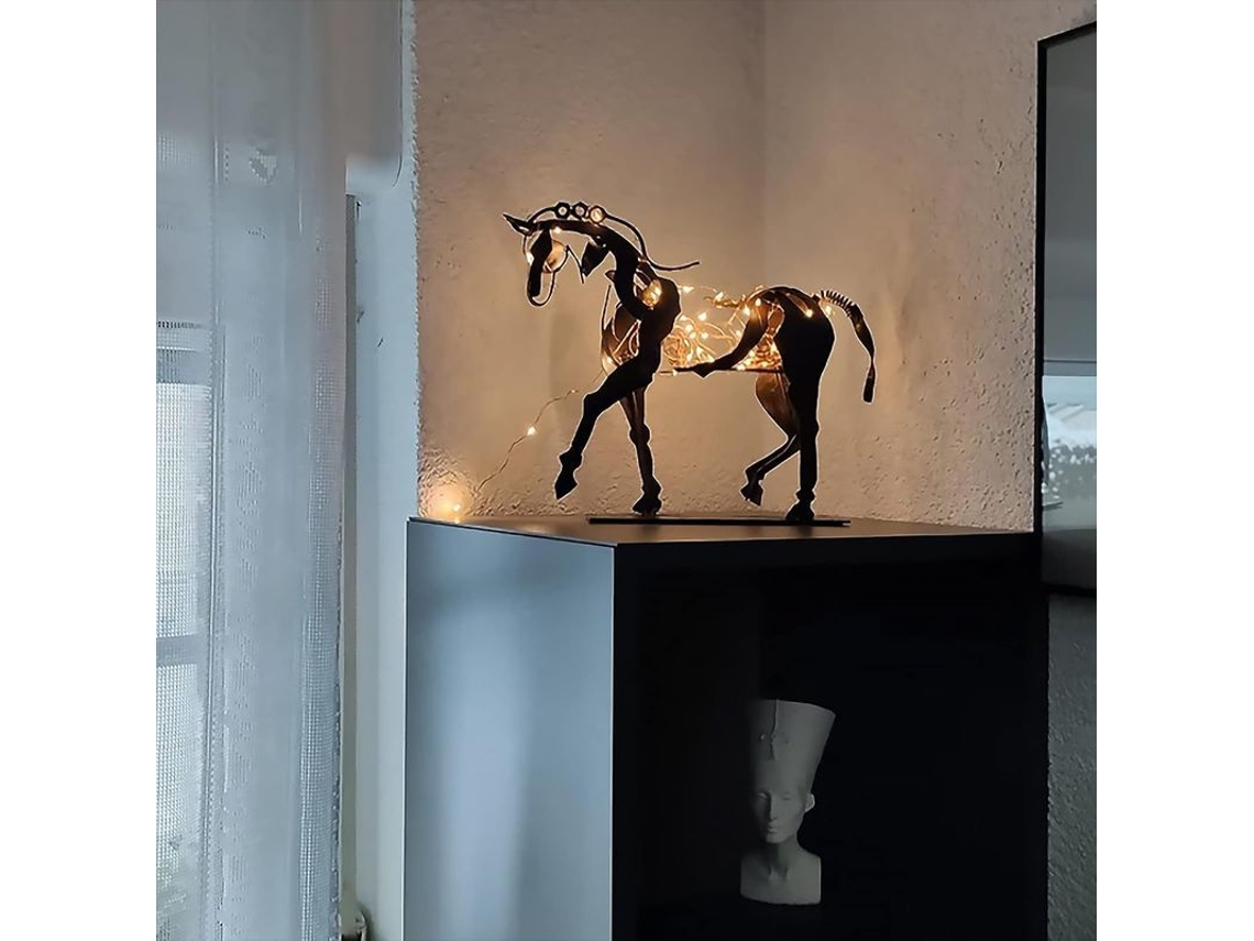 Escultura De Caballo De Metal Con Luces Led, Artículo Decorativo Moderno Para Escritorio, Oficina O Estantería, 20 X 24 Cm.