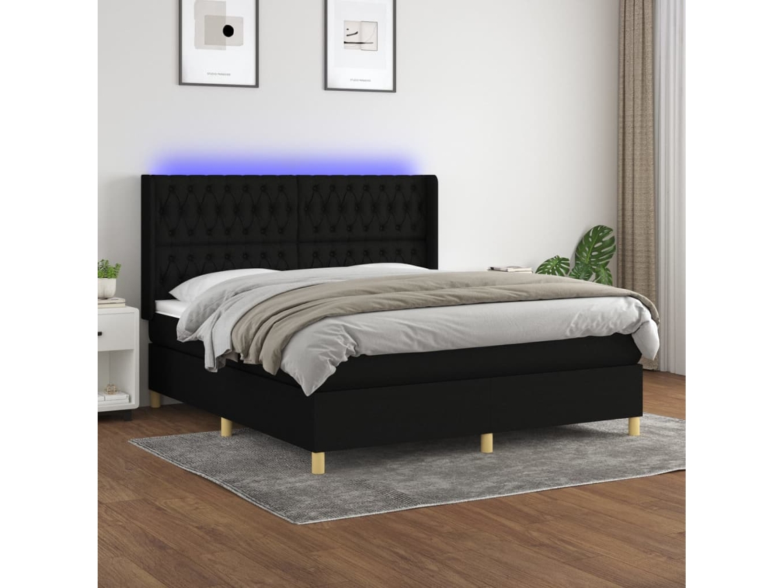 Cama Box Spring Colchón Y Luces Led Tela Negro 180x200 Cm