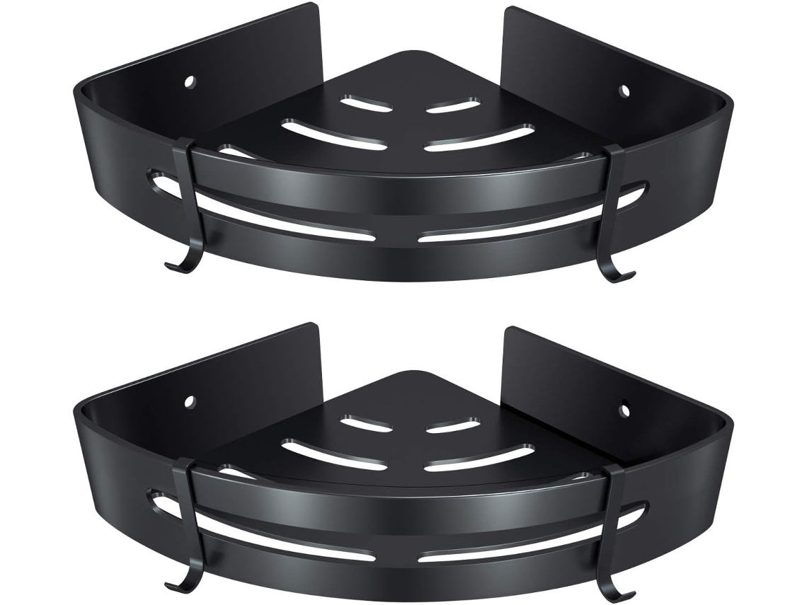 Juego de 2 estantes esquineros de aluminio negro con ganchos.