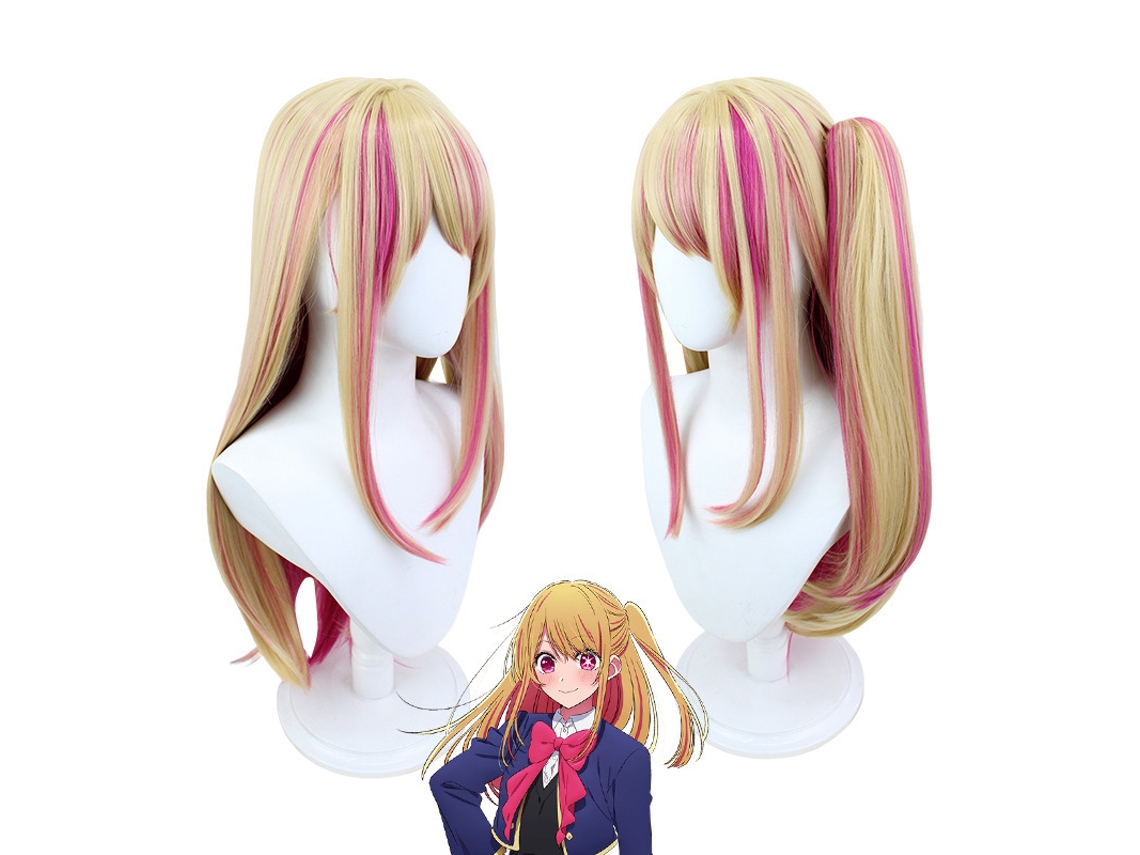 La Peluca Ruby Oshi No Ko Cosplay, Con Mechones Rosas Sobre Una Base Dorada Y Una Coleta, Es Perfecta Para Fiestas Temáticas De Anime.