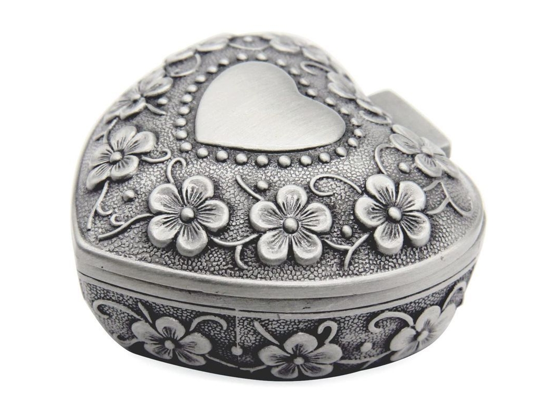 Caja De Joyería Antigua Clásica De Plata Con Forma De Corazón Para Anillos Y Joyas Pequeñas.