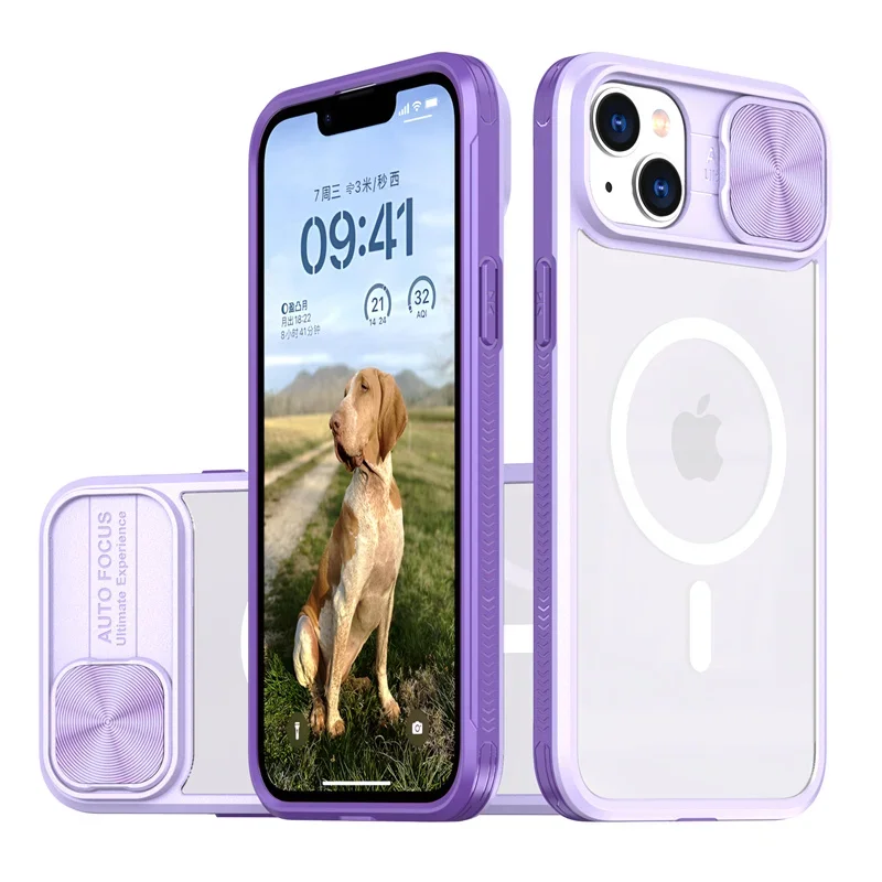 (iphone 11 Pro, Morado) Funda Protectora Magnética Magsafe Con Carga Inalámbrica Y Cubierta Deslizante De Lente Acrílica