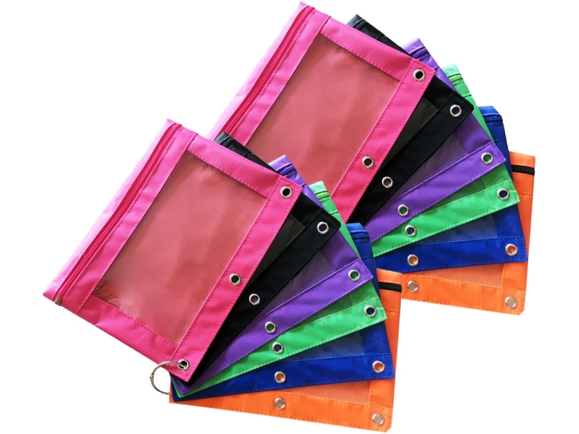Nuobesty Juego De 12 Estuches Transparentes Oxford Para Lápices Con Compartimentos, Color Negro, Naranja Y Azul.