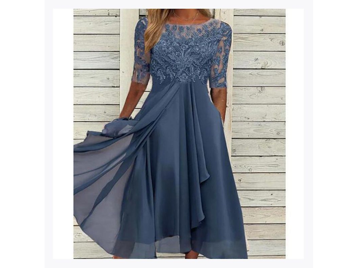 Vestido Midi Con Detalles De Encaje, Mangas Cortas, Ideal Para Fiestas, Bodas, Ocasiones Especiales, Estilo Casual Y Versátil.