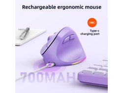 Ratón Inalámbrico Vertical Ergonómico Para Diestros (morado), Versión Retroiluminada Negra, Recargable