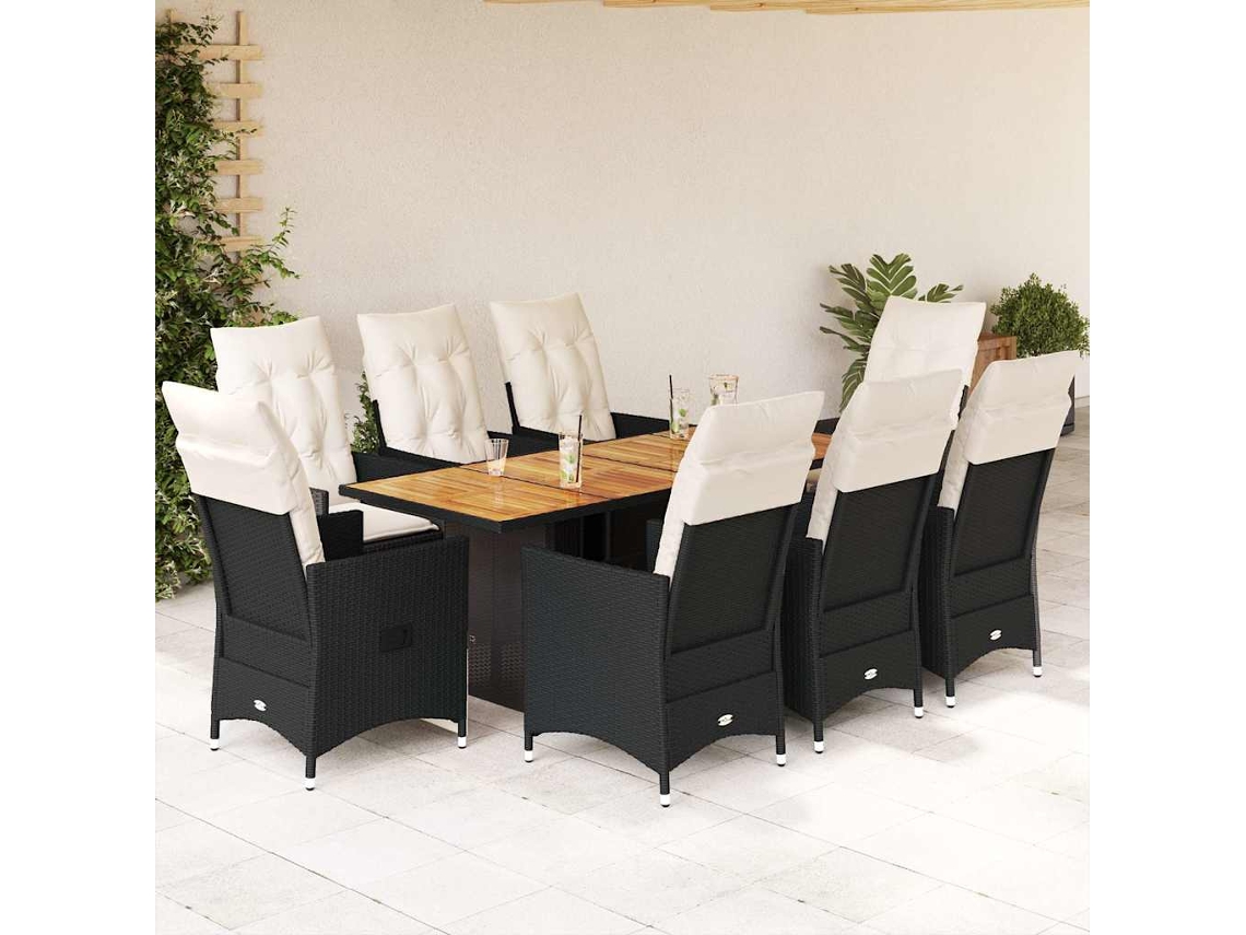 Juego de comedor de jardín de 9 piezas con cojines, mimbre sintético negro, DKD Home Decor